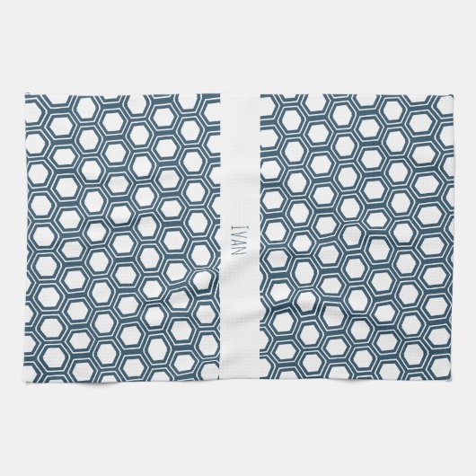 Hexagon Blauw Wit Minimaal Patroon Theedoek (Horizontaal)
