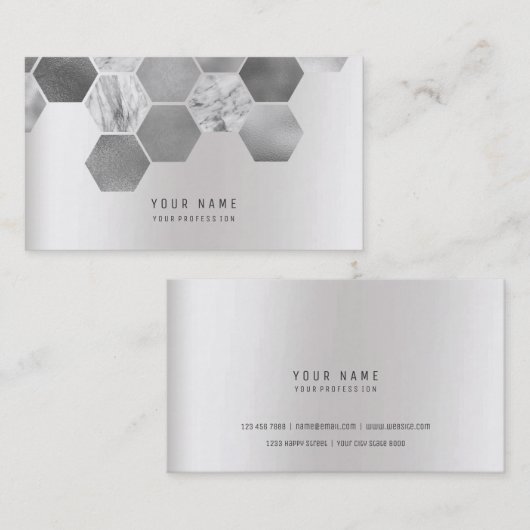 Hexagon Geometical Metallic Marble Silver Grey Visitekaartje (Voorkant / Achterkant)