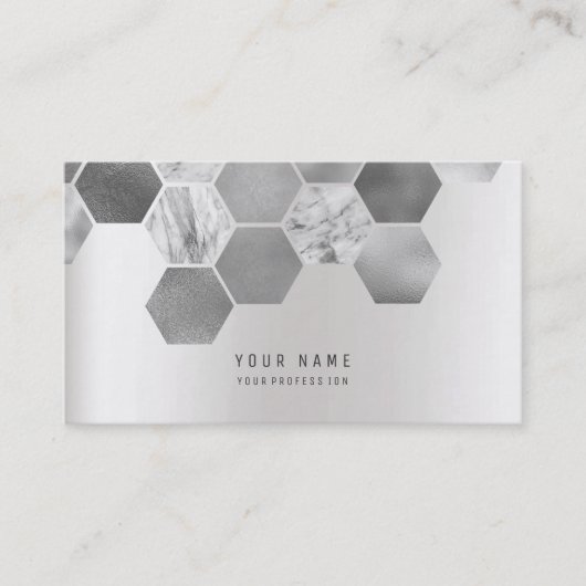 Hexagon Geometical Metallic Marble Silver Grey Visitekaartje (Voorkant)