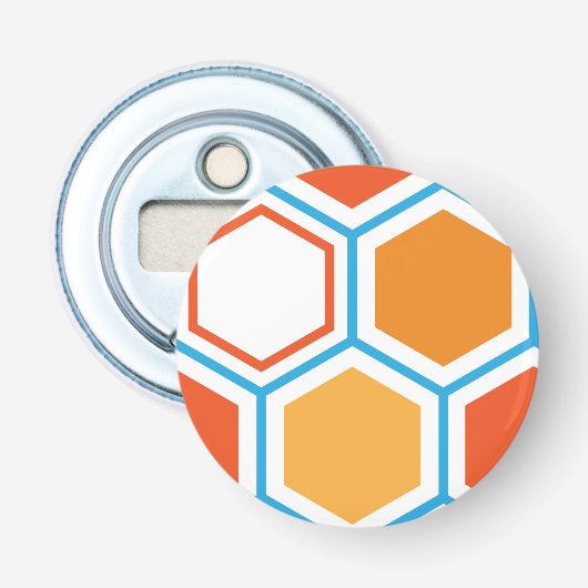 Hexagon in oranje, blue and white button flesopener (Voorkant)