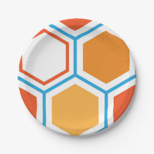 Hexagon in oranje, blue and white papieren bordje