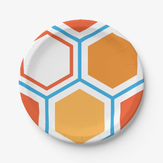 Hexagon in oranje, blue and white papieren bordje (Voorkant)