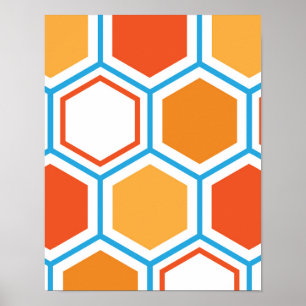 Hexagon in oranje, blue and white poster