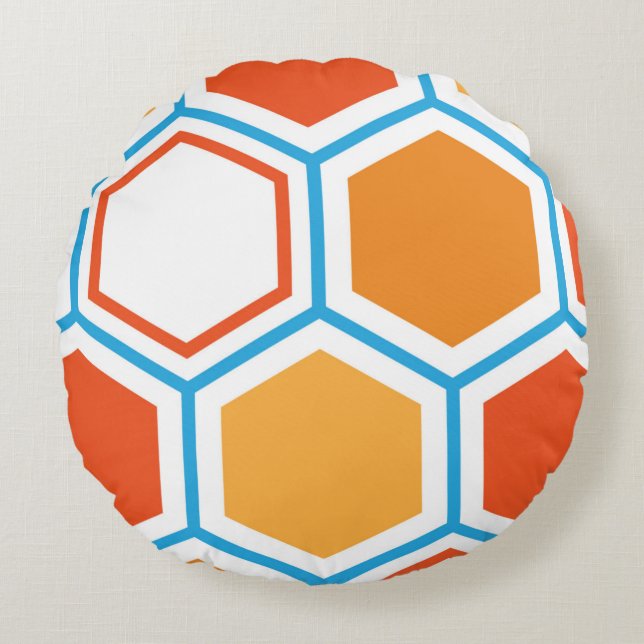Hexagon in oranje, blue and white rond kussen (Voorkant)