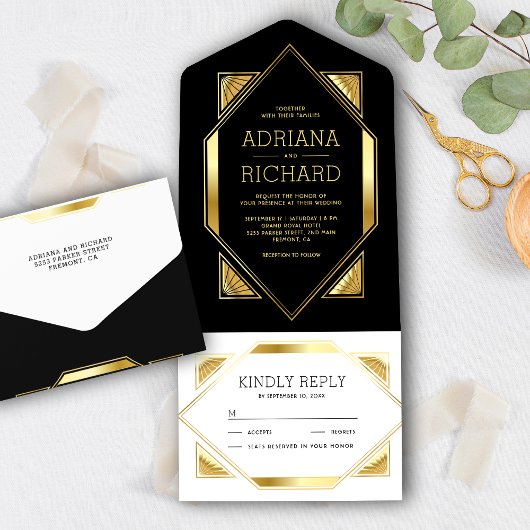 Hexagon Lijst Black en Gold Foil Art Deco Wedding All In One Uitnodiging