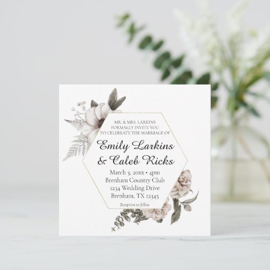 Hexagon Lijst Gouden Waterverf Bloemenbruiloft Kaart (Staand voorkant)