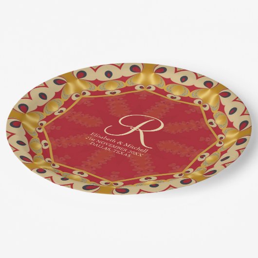 Hexagon Love Red Gold Monogram Eigen naam Papieren Bordje (Gekanteld)