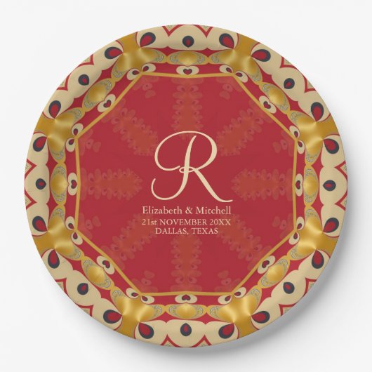 Hexagon Love Red Gold Monogram Eigen naam Papieren Bordje (Voorkant)