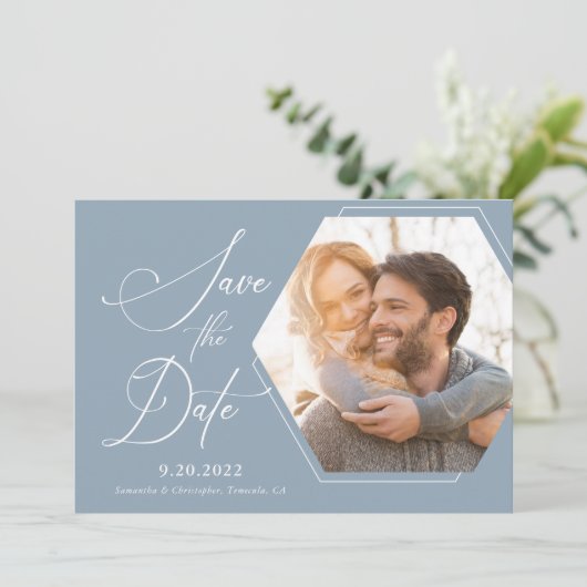 Hexagon Modern Foto Script Save the Date (Staand voorkant)