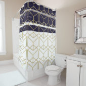 Hexagon Modern Navy Blue Gold Geometric Glam Douchegordijn