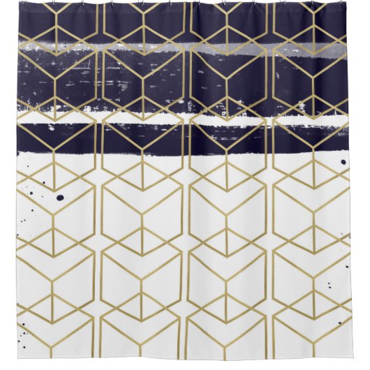 Hexagon Modern Navy Blue Gold Geometric Glam Douchegordijn