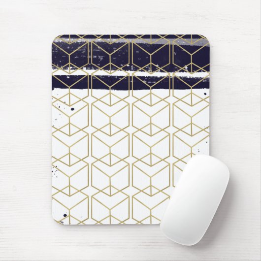 Hexagon Modern Navy Blue Gold Geometric Glam Muismat (Met muis)