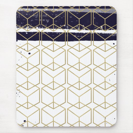 Hexagon Modern Navy Blue Gold Geometric Glam Muismat (Voorkant)