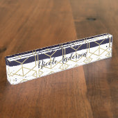 Hexagon Modern Navy Blue Gold Geometric Glam Naambordje (Zijkant)
