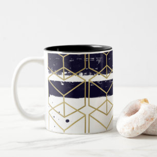 Hexagon Modern Navy Blue Gold Geometric Glam Tweekleurige Koffiemok