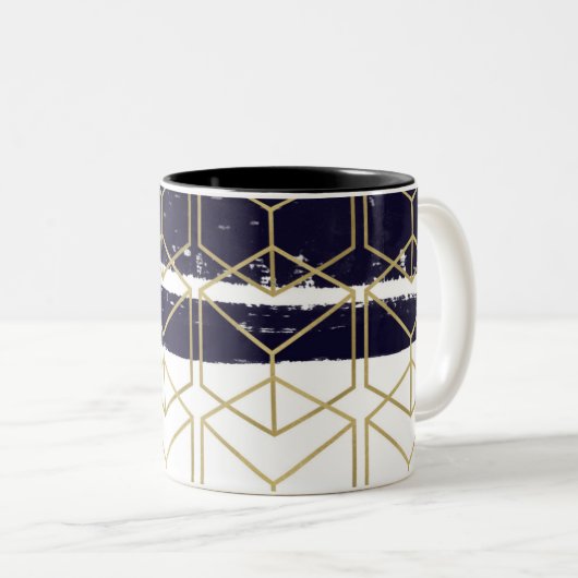 Hexagon Modern Navy Blue Gold Geometric Glam Tweekleurige Koffiemok (Voorkant rechts)