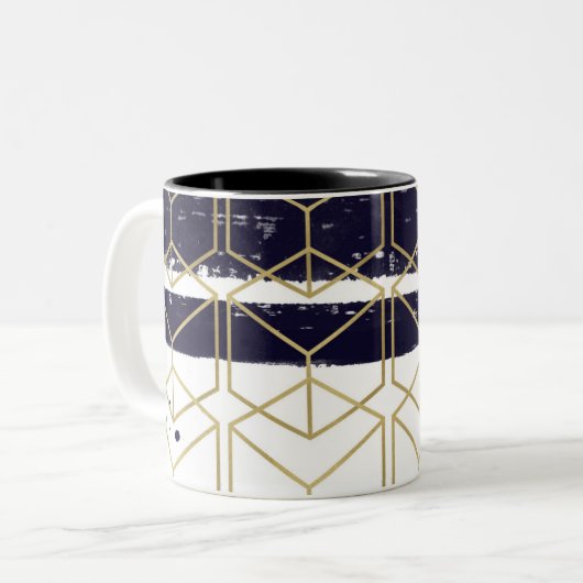 Hexagon Modern Navy Blue Gold Geometric Glam Tweekleurige Koffiemok (Voorkant links)