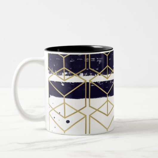 Hexagon Modern Navy Blue Gold Geometric Glam Tweekleurige Koffiemok (Links)