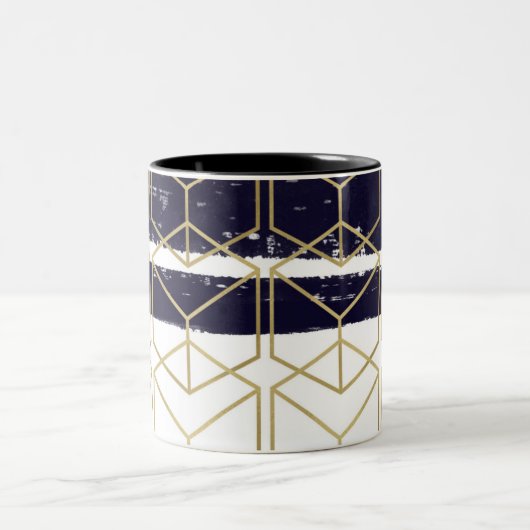 Hexagon Modern Navy Blue Gold Geometric Glam Tweekleurige Koffiemok (Center)