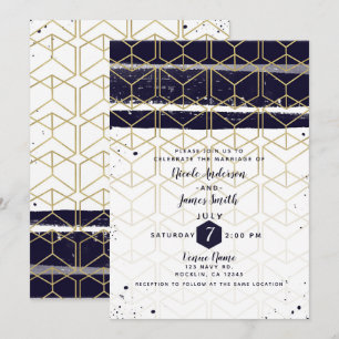 Hexagon Modern Navy Blue Gold Geometric Wedding Kaart
