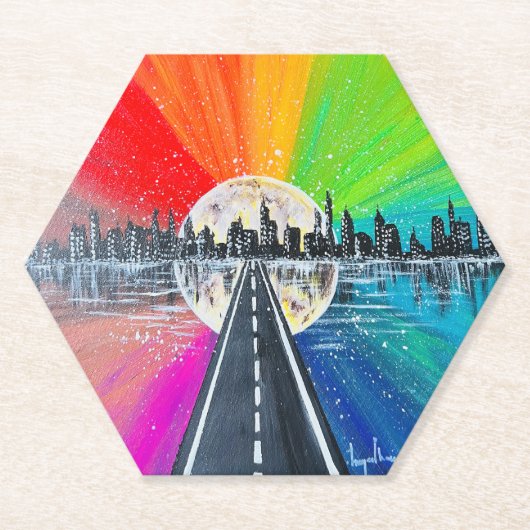 Hexagon Rainbow Road beeldende kunst onderzetter (Voorkant)
