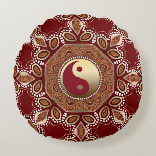 Hexagon Red Earth Gold Yin Yang Feng Shui Mandala Rond Kussen