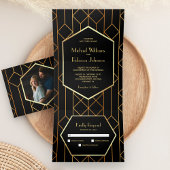 Hexagon Retro Art Deco Zwart Goud 3 in 1 Bruiloft Drieluik Uitnodiging