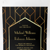 Hexagon Retro Art Deco Zwart Goud 3 in 1 Bruiloft Drieluik Uitnodiging (Binnenzijde eerst)