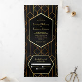 Hexagon Retro Art Deco Zwart Goud 3 in 1 Bruiloft Drieluik Uitnodiging (Binnen)