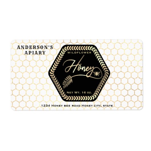 Hexagon tak goud bijen honingpot sticker (Voorkant)