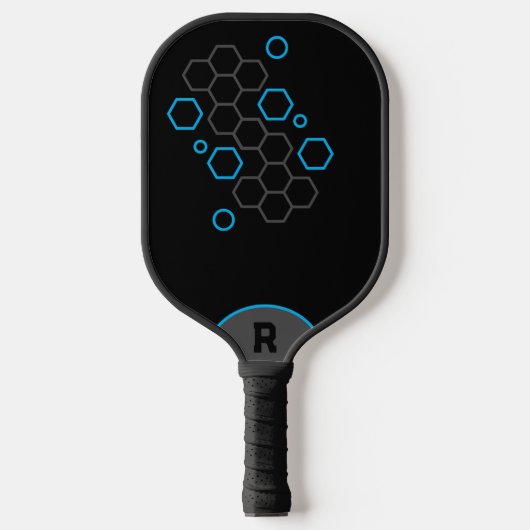 Hexagon Zwart Grijs Blauw Gepersonaliseerd Pickleball Paddle (Voorkant)