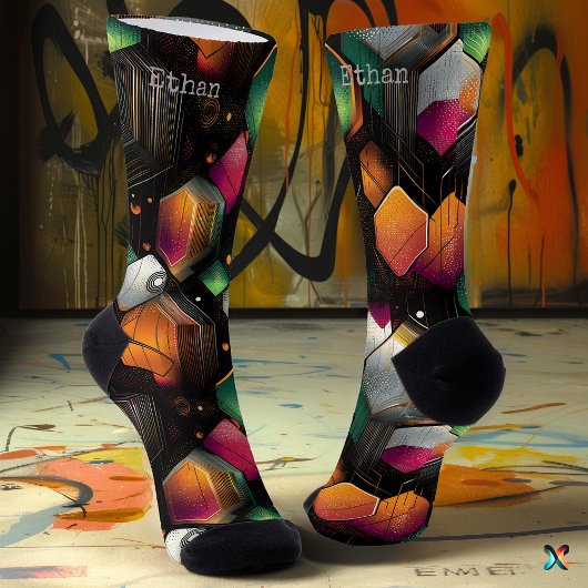 Hexagonaal in smaragd, magenta en Sinaasappel Sokken