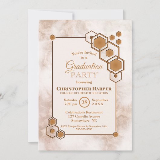 Hexagonal Gold Lijst Marble Graduation Party Kaart (Voorkant)