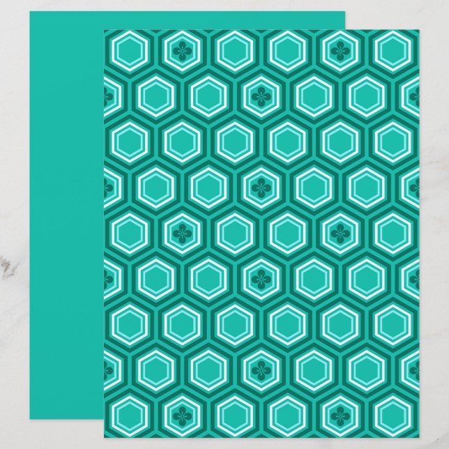 Hexagonal Kimono Print, Blauwgroen, Aqua en White (Voorkant / Achterkant)
