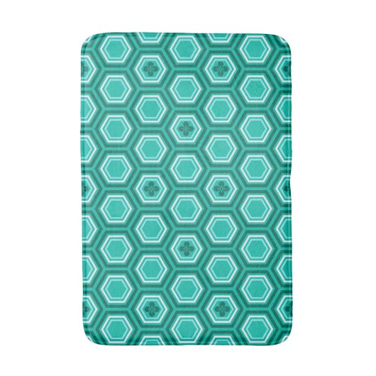 Hexagonal Kimono Print, Blauwgroen, Aqua en White Badmat (Voorkant Verticaal)