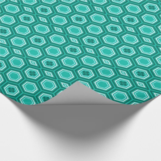 Hexagonal Kimono Print, Blauwgroen, Aqua en White Cadeaupapier (Hoek)