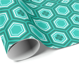 Hexagonal Kimono Print, Blauwgroen, Aqua en White Cadeaupapier