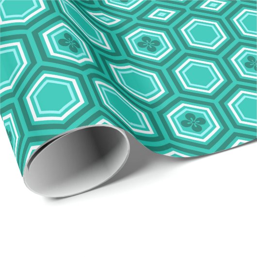 Hexagonal Kimono Print, Blauwgroen, Aqua en White Cadeaupapier (Rol Hoek)