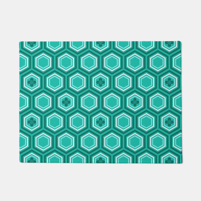 Hexagonal Kimono Print, Blauwgroen, Aqua en White Deurmat (Voorkant)