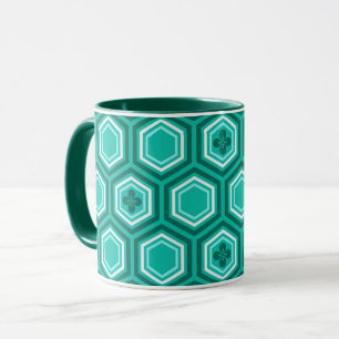 Hexagonal Kimono Print, Blauwgroen, Aqua en White Mok