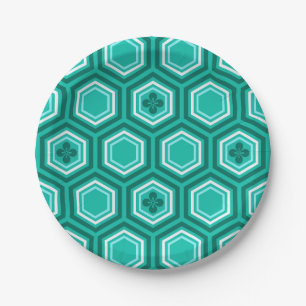 Hexagonal Kimono Print, Blauwgroen, Aqua en White Papieren Bordje