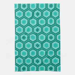 Hexagonal Kimono Print, Blauwgroen, Aqua en White Theedoek