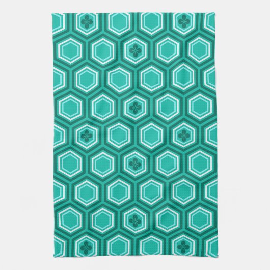 Hexagonal Kimono Print, Blauwgroen, Aqua en White Theedoek (Verticaal)