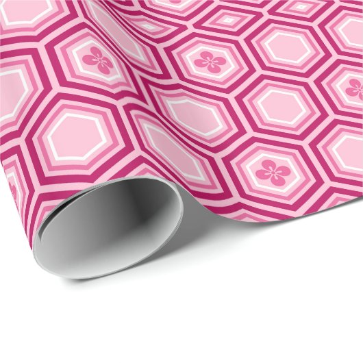 Hexagonal Kimono Print, Bourgogne en Roze Cadeaupapier (Rol Hoek)