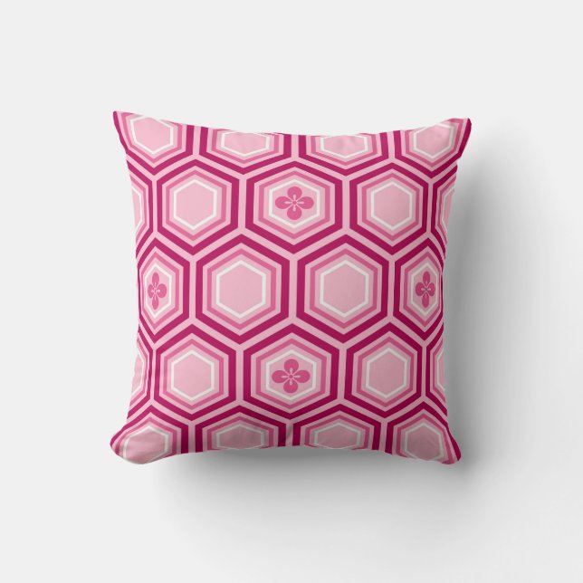 Hexagonal Kimono Print, Bourgogne en Roze Kussen (Voorkant)