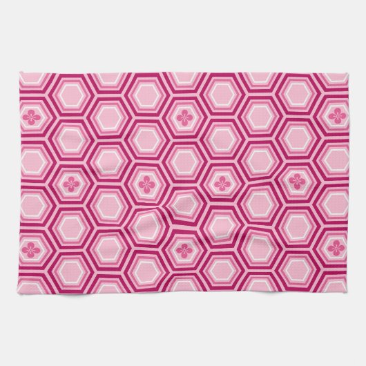 Hexagonal Kimono Print, Bourgogne en Roze Theedoek (Horizontaal)