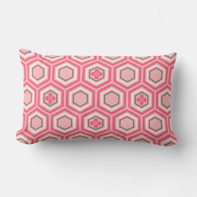 Hexagonal Kimono Print, Coral Pink en White Kussen (Voorkant)
