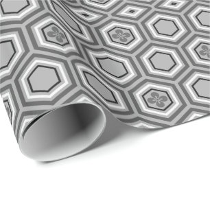 Hexagonal Kimono Print, grijs / grijs en wit Cadeaupapier