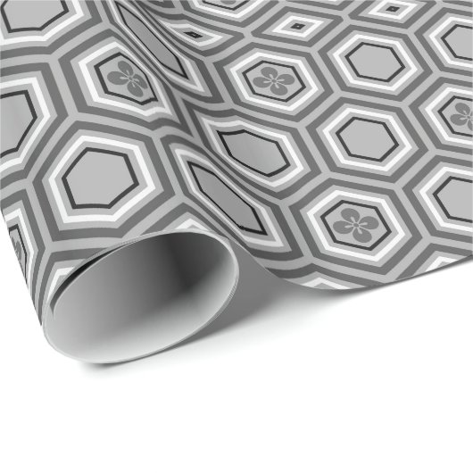 Hexagonal Kimono Print, grijs / grijs en wit Cadeaupapier (Rol Hoek)