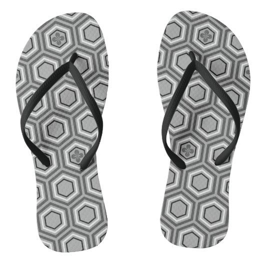 Hexagonal Kimono Print, grijs / grijs en wit Teenslippers (Voetbed)